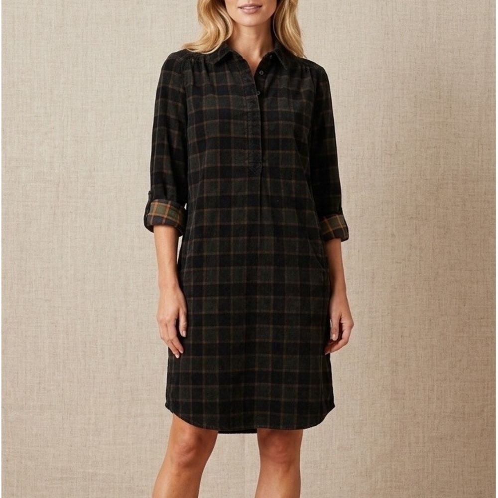 Fat Face Cord Shirt Dress Size M UK 12 Navy Green Pockets Long Sleeve British